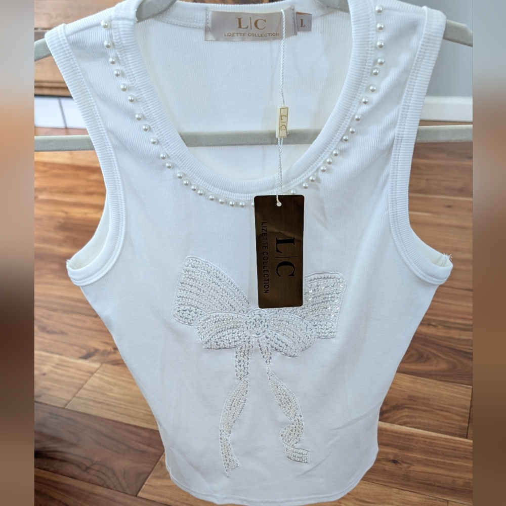 L/C Lizette Collection Faux Pearl / Crystal Embellished Ribbed Tank X Large